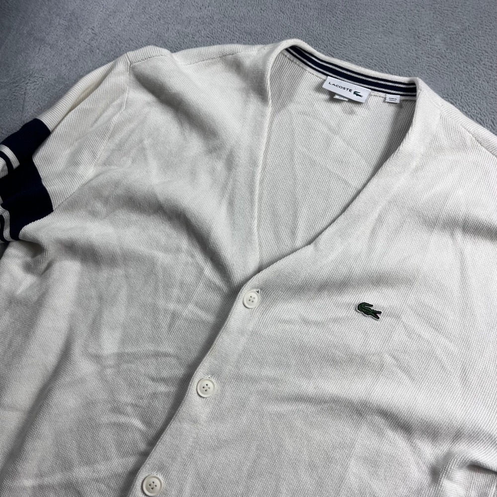 Lacoste Mens White V-Neck Button Cardigan Sweater Navy Varsity Stripes Size L